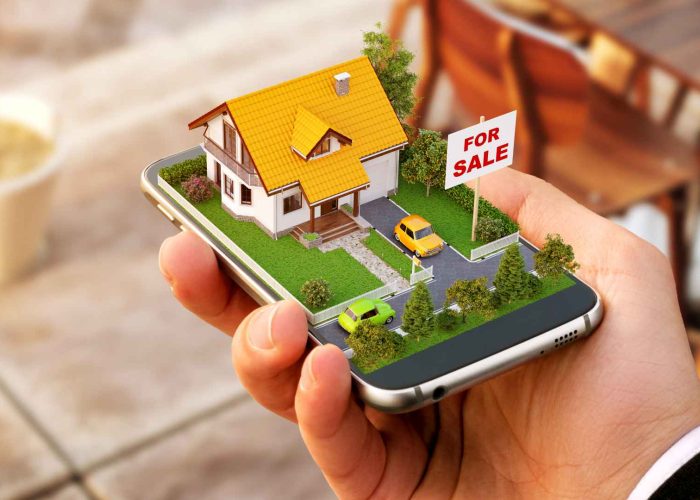 Smartphone application for online searching, buying, selling and booking real estate. Unusual 3D illustration of beautiful house on smart phone in hand Smartphone application for online searching, buying, selling and booking real estate. Unusual 3D illustration of beautiful house on smartphone in hand